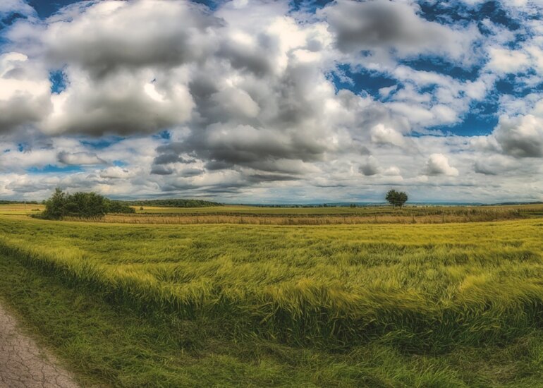 Panoramablick auf eine ländliche Landschaft im Kreis Aachen mit grünen Feldern, einem Weg und dramatischen Wolken am Himmel