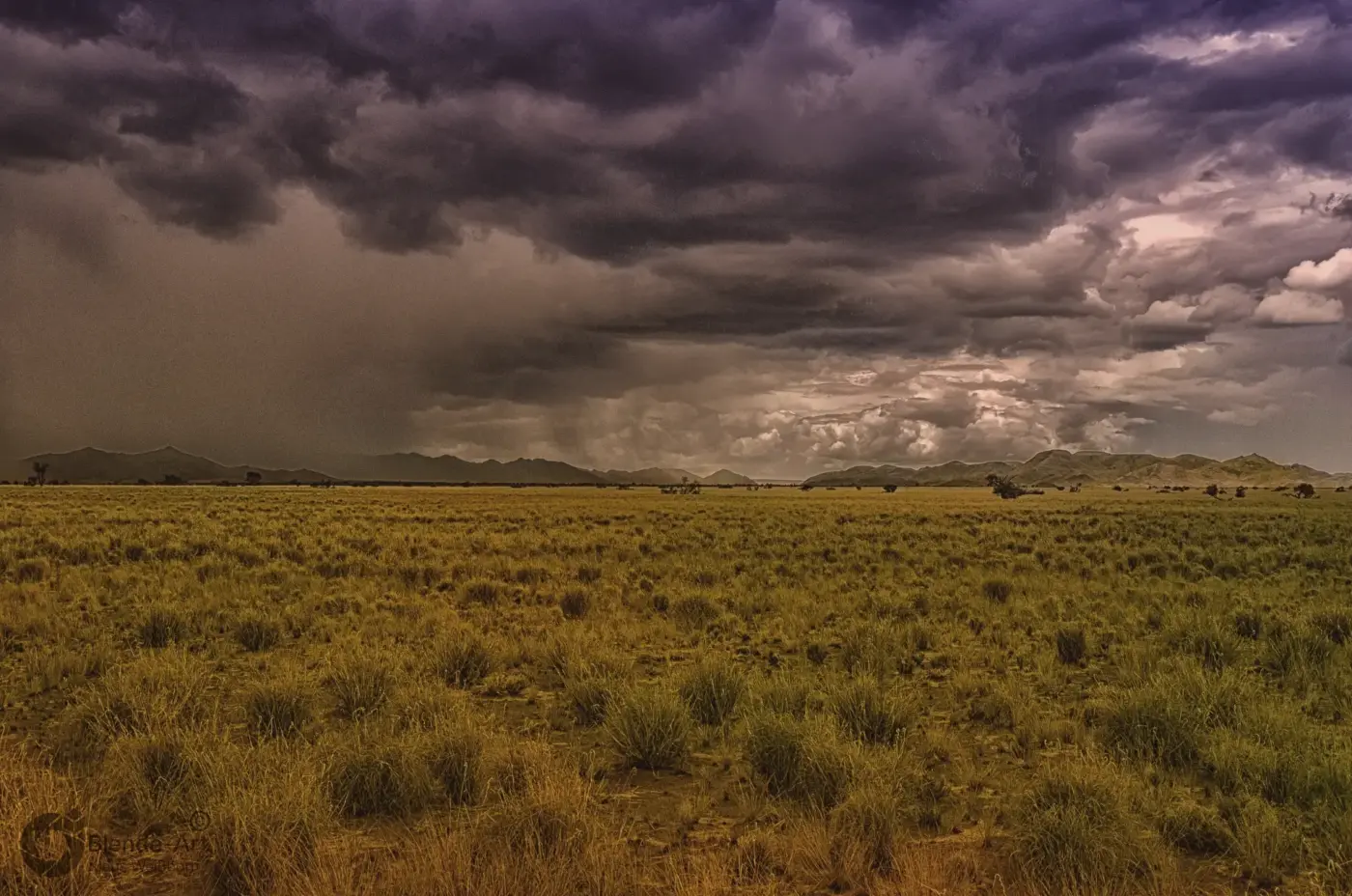 Gewitterwolken über einer weiten Graslandschaft in Namibia mit Bergen im Hintergrund