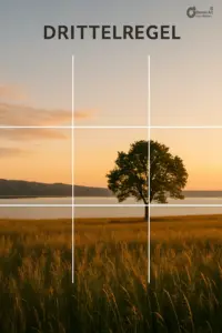 Drittelregel – KI-generiertes Beispielbild zur Bildkomposition Beispielbild zur Drittelregel in der Fotografie mit Rasterlinien über einer Landschaft