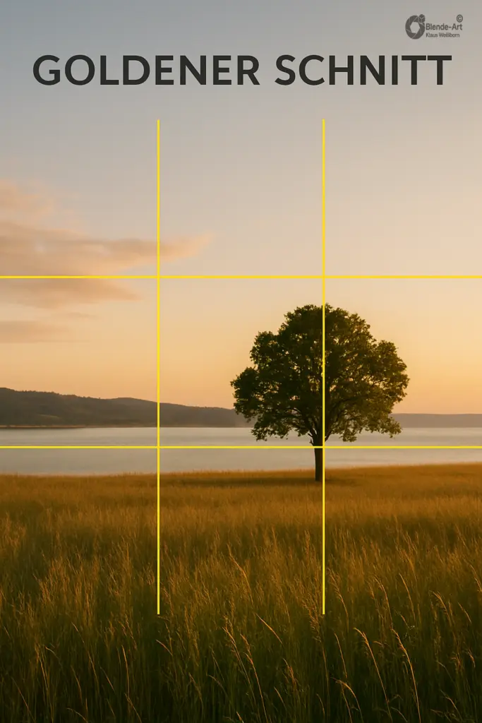 Illustration des Goldenen Schnitts in der Fotografie mit gelben Linien auf einer Landschaft