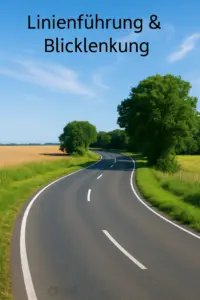 Linienführung – KI-generiertes Beispiel zur Bildgestaltung mit führenden Linien Geschwungene Landstraße als Beispiel für Linienführung in der Bildkomposition