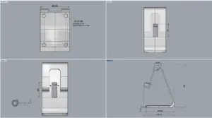 Technische Zeichnung des 3D-gedruckten Handy- und Tablethalters mit Bemaßung