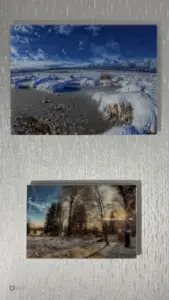 Zwei rahmenlose Bilder in Galerie-Optik, schwebend an einer Wand befestigt