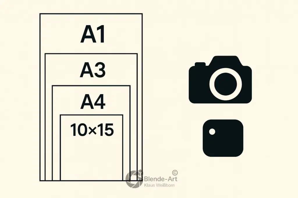 Vergleich der Vergrößerungsformate von Smartphone- und Systemkamera-Aufnahmen – vom 10×15-Abzug bis zum A1-Poster