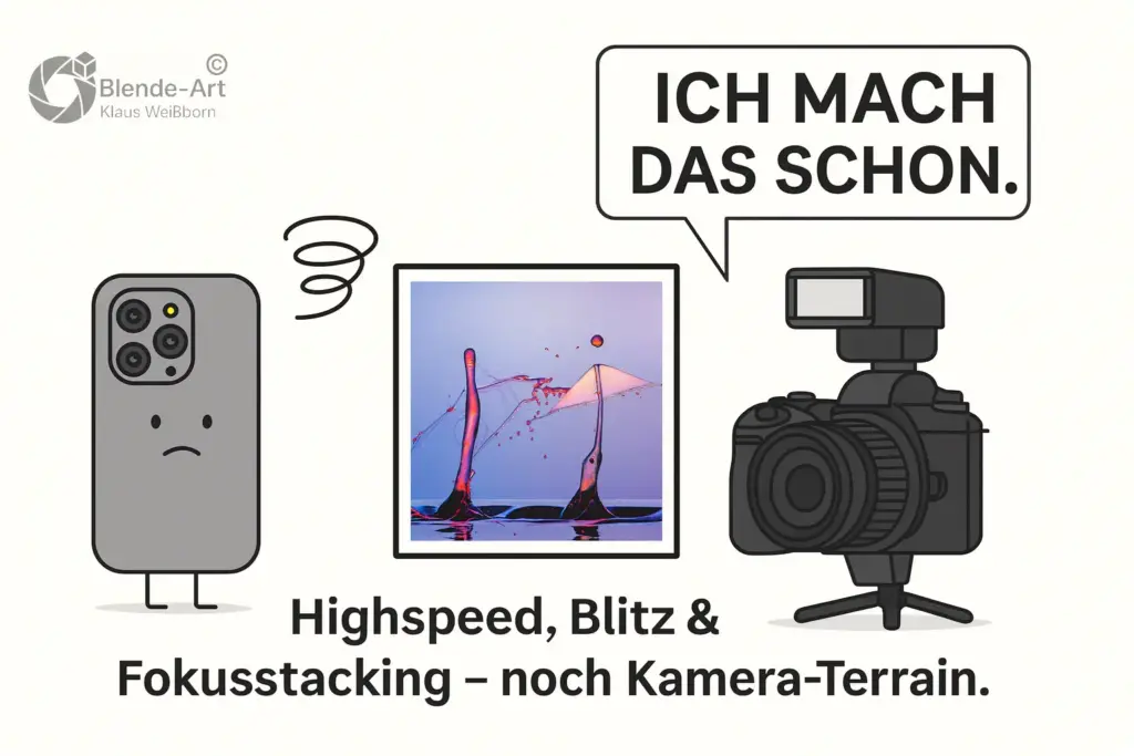 Illustration mit Kamera und Smartphone – die Kamera sagt „Ich mach das schon“. Humorvolle Darstellung, dass Highspeed-, Blitz- und Fokusstacking-Aufnahmen noch Kamera-Terrain sind.