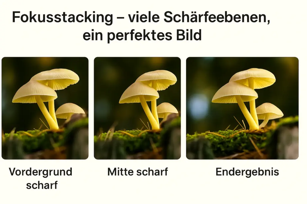 Infografik zeigt Fokusstacking mit drei Bildern: Vordergrund scharf, Mitte scharf und das kombinierte Endergebnis mit durchgehender Schärfe.