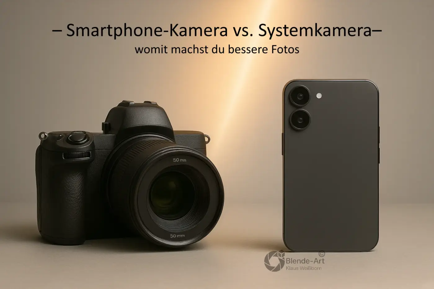 Vergleich zwischen Smartphone und Systemkamera – beide Geräte stehen nebeneinander vor neutralem Hintergrund, Symbol für den Kameravergleich.