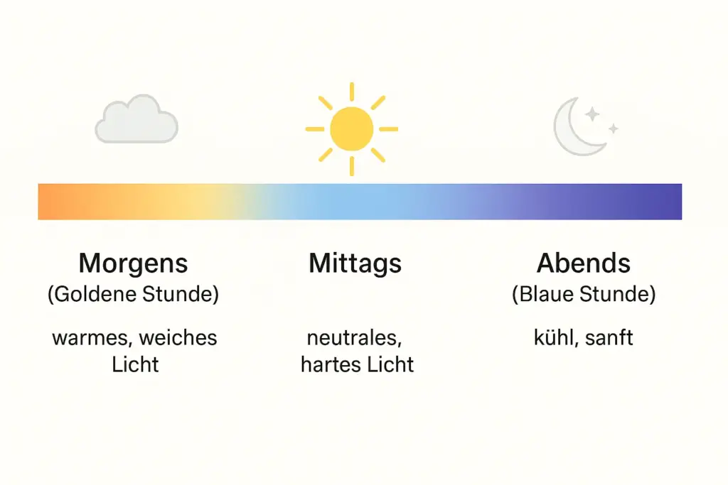Infografik zeigt, wie sich Lichtfarbe und Stimmung über den Tag verändern: morgens warmes, weiches Licht, mittags neutrales hartes Licht, abends kühles, sanftes Licht.