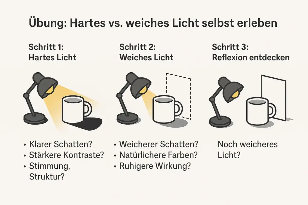 Illustration mit drei Lampen, die zeigen, wie sich hartes, weiches und reflektiertes Licht auf einen Becher auswirken. Verdeutlicht Unterschiede in Schatten, Kontrast und Lichtwirkung.