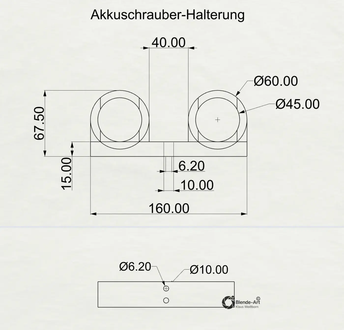 Technische Zeichnung der 3D-gedruckten Akkuschrauber Halterung mit Bemaßung