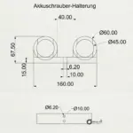 Technische Zeichnung der 3D-gedruckten Akkuschrauber Halterung mit Bemaßung
