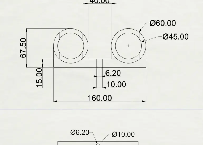 Technische Zeichnung der 3D-gedruckten Akkuschrauber Halterung mit Bemaßung