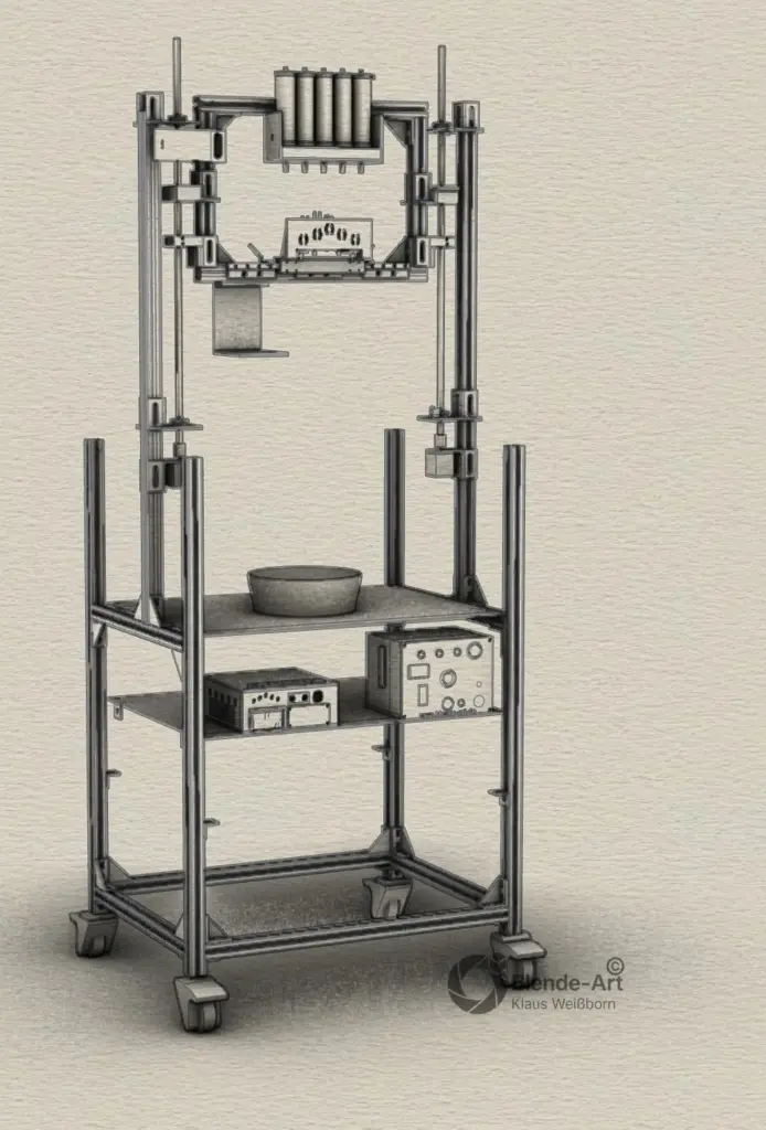 Gesamtansicht der Tropfenmaschine als CAD-Modell mit motorisierter Höhenverstellung und Steuerungseinheiten