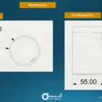 Technische Zeichnung eines 3D-gedruckten Messbechers mit Maßangaben 55 mm Durchmesser und 82 mm Höhe in Draufsicht und Vorderansicht