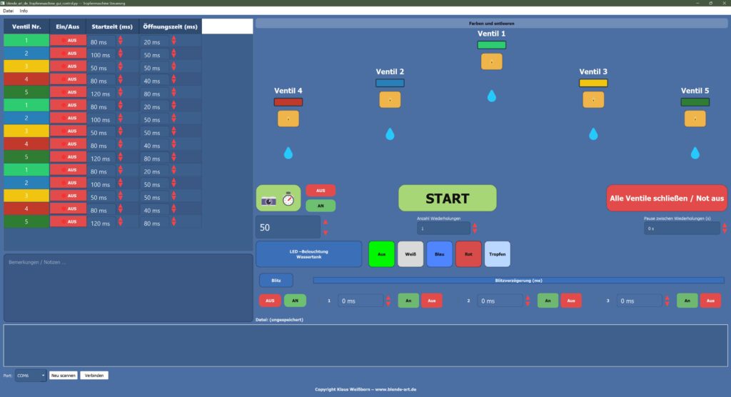 GUI der Steuerungssoftware für Kamera-, Ventil- und Blitzsteuerung mit einstellbaren Öffnungszeiten, Startverzögerungen und LED-Steuerung.