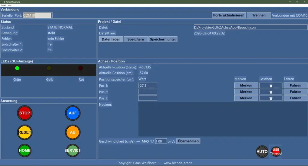 Screenshot der Benutzeroberfläche der Z-Achse Steuerung mit Statusanzeige, Positionsspeicher, manuellen Steuerungstasten und Geschwindigkeitsregelung.