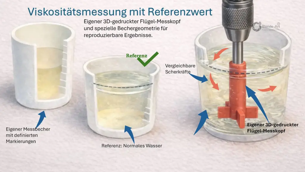 Infografik zur Viskositätsmessung mit Referenzwert: 3D-gedruckter Flügel-Messkopf im Messbecher mit Wasser und definierten Markierungen zur reproduzierbaren Bestimmung der Viskosität.