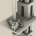 CAD-Darstellung einer Flanschlagerhalterung auf einer Platte an einem Aluminiumprofil