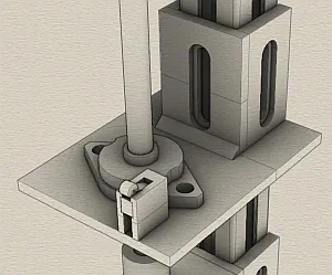 CAD-Darstellung einer Flanschlagerhalterung auf einer Platte an einem Aluminiumprofil