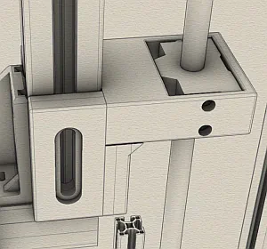 CAD-Ansicht der Halterung für eine Trapezgewindemutter an einem Aluminiumprofil