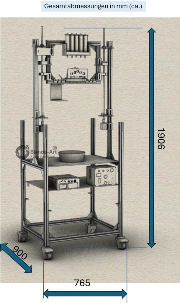 CAD-Gesamtansicht der Tropfenmaschine mit Gesamtabmessungen von 1906 mm Höhe, 765 mm Breite und 900 mm Tiefe