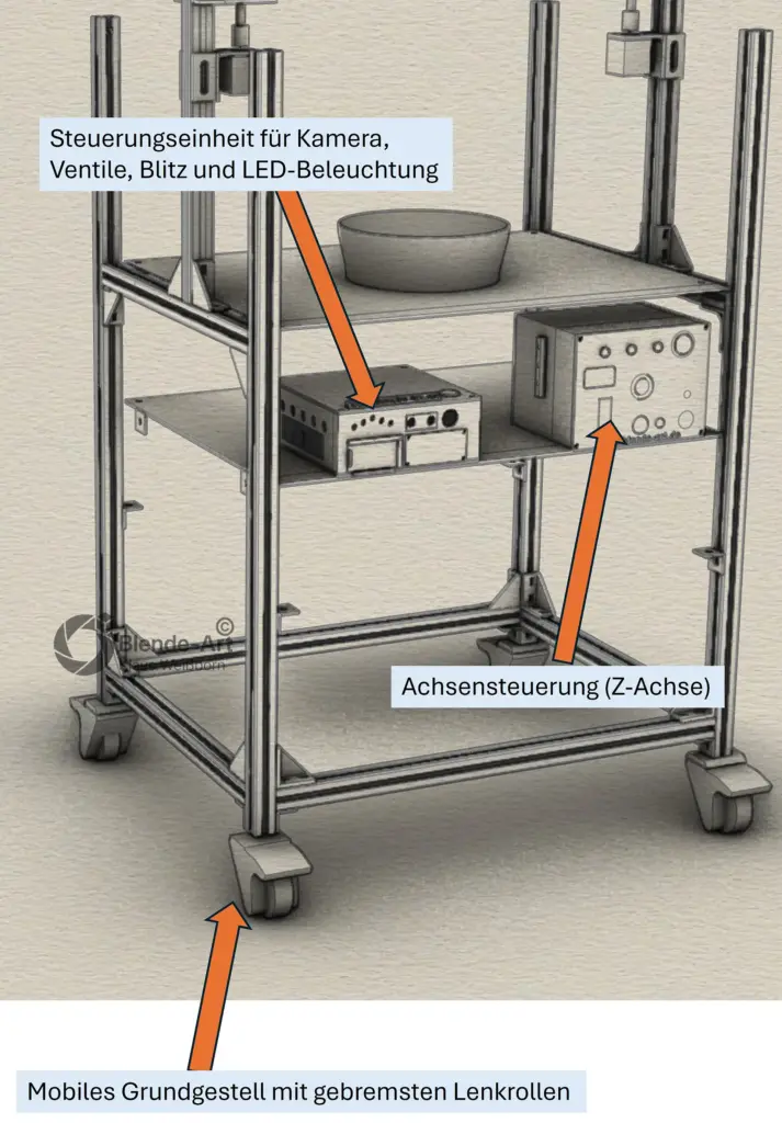 Steuerungseinheit der Tropfenmaschine für Kamera, Ventile, Blitz und LED-Beleuchtung sowie separate Z-Achsen-Steuerung im mobilen Grundgestell