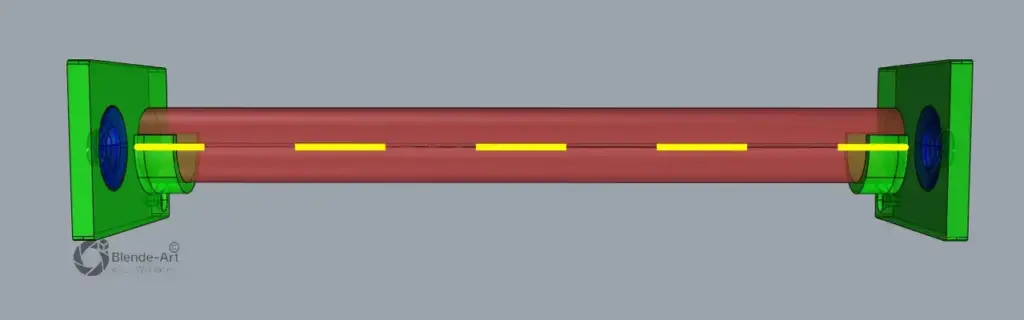 3D-Druck Filamentrollenhalter mit Rundholzstange – schematische Darstellung der Montage zwischen zwei Halterungen