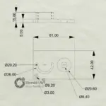 Technische Maßzeichnung des 3D-gedruckten Filamentrollenhalters mit Bohrungen und Aufnahme für eine 20 mm Rundholzstange