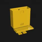 Gelbes 3D-Modell einer Fahrradrahmenbox für Powerbank und Kleinteile mit abgenommener Abdeckung