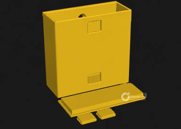 Gelbes 3D-Modell einer Fahrradrahmenbox für Powerbank und Kleinteile mit abgenommener Abdeckung