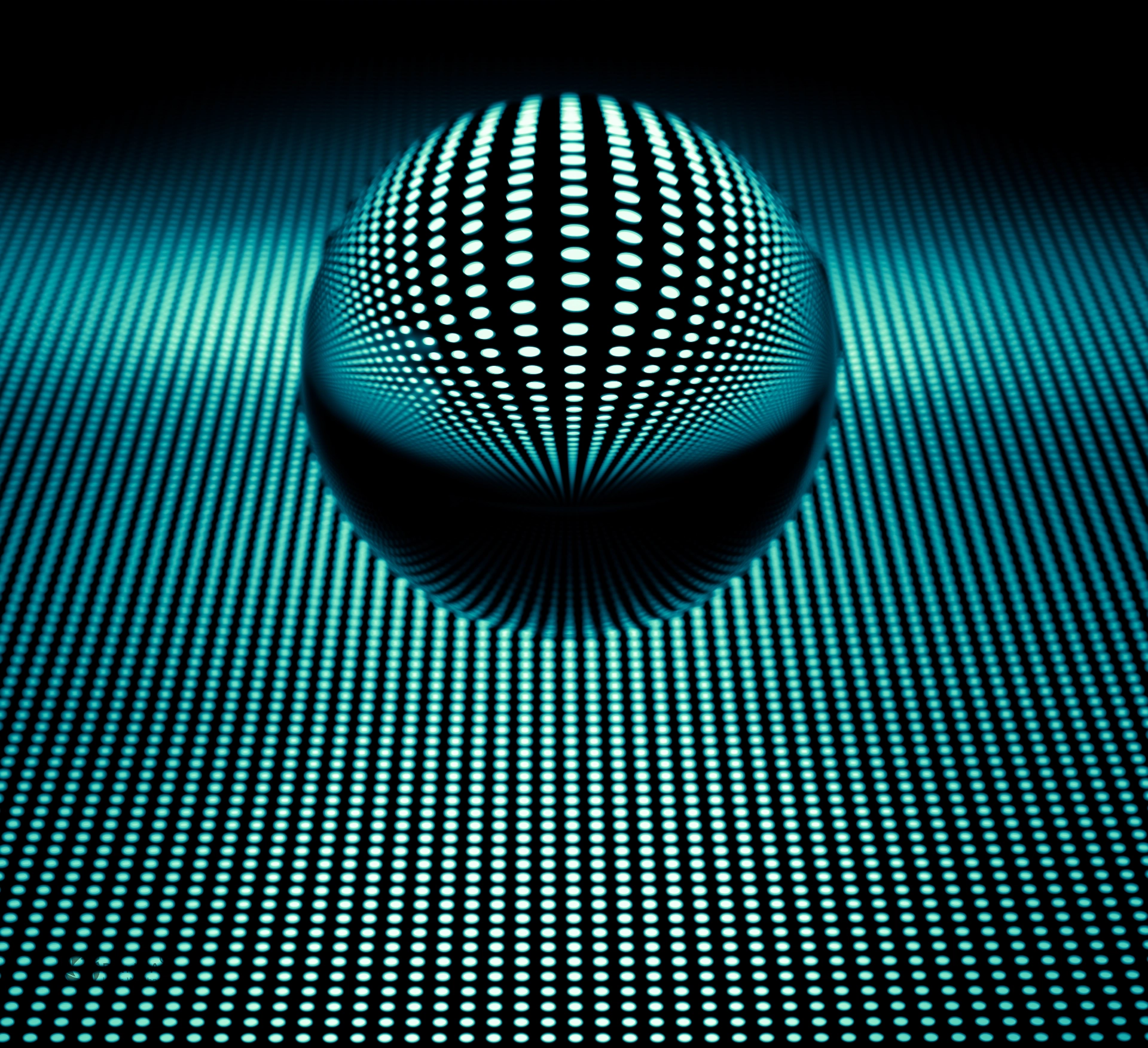 Glaskugel mit türkisfarbenem Punktmuster auf dunklem Rasterhintergrund, das durch Lichtbrechung perspektivisch verdichtet wird
