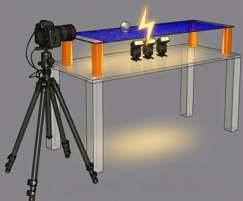 Setup zur Glaskugel-Fotografie mit Acrylplatte, Blitz und Strukturfolie