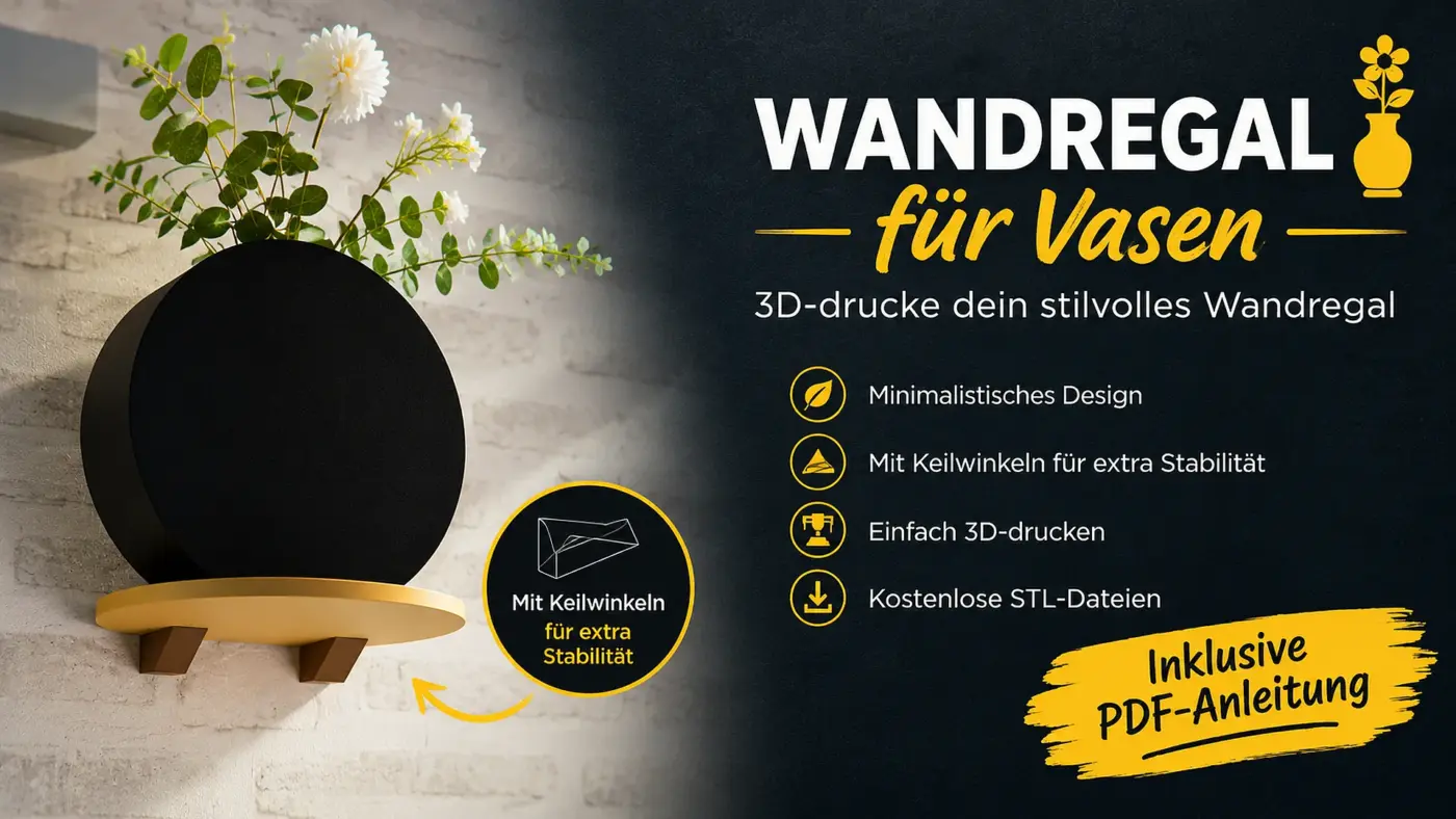 Modernes 3D-gedrucktes Wandregal aus PLA Wood mit schwarzer Vase als minimalistische Wanddekoration.