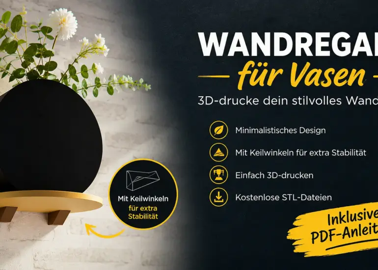 Modernes 3D-gedrucktes Wandregal aus PLA Wood mit schwarzer Vase als minimalistische Wanddekoration.