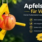 Minimalistischer Apfelspieß für Vögel aus dem 3D-Drucker mit frischem Apfel und integrierter Sitzstange.