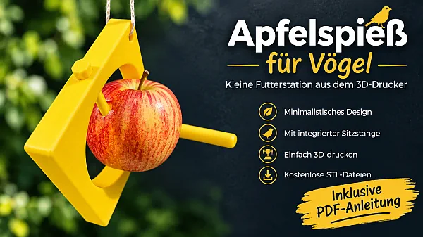 Minimalistischer Apfelspieß für Vögel aus dem 3D-Drucker mit frischem Apfel und integrierter Sitzstange.