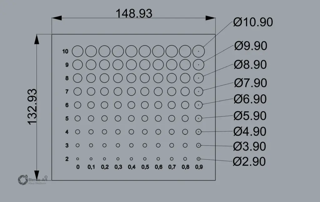 Technische Zeichnung der 3D-Druck-Lochkalibrierungs-Prüfplatte mit Bohrungen von 2,0 bis 10,9 mm in 0,1-mm-Schritten