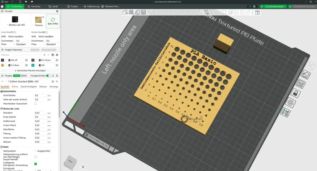 Kalibrierplatte für Bohrungsdurchmesser im 3D-Druck in Bambu Studio