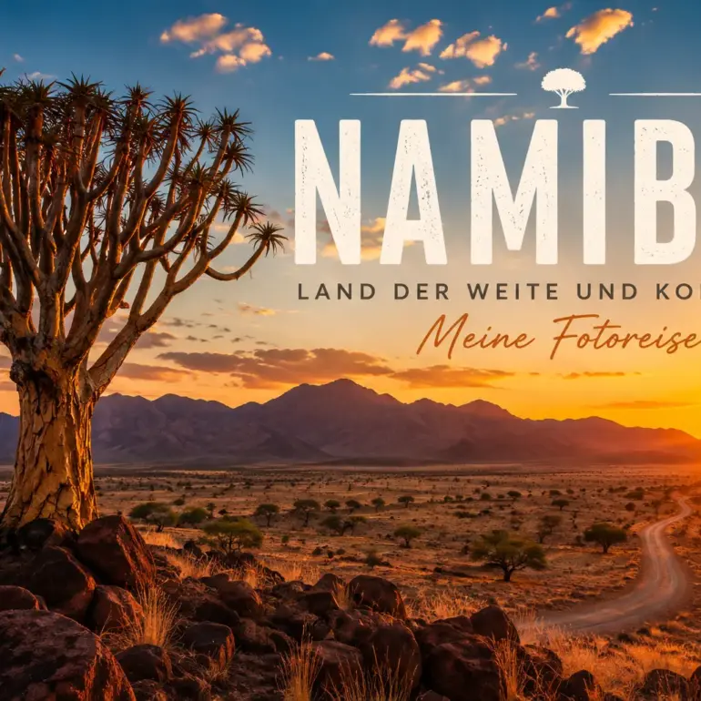 Beitragsbild der Namibia-Galerie mit Köcherbaum, Wüstenlandschaft und Sonnenuntergang