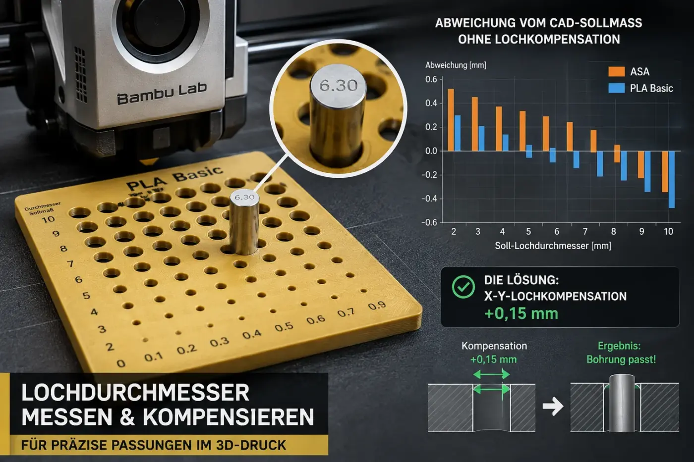 3D-Druck Bohrungsdurchmesser mit Prüfplatte messen und in Bambu Studio kompensieren