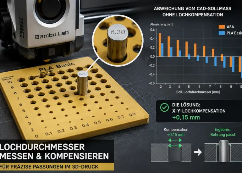 3D-Druck Bohrungsdurchmesser mit Prüfplatte messen und in Bambu Studio kompensieren