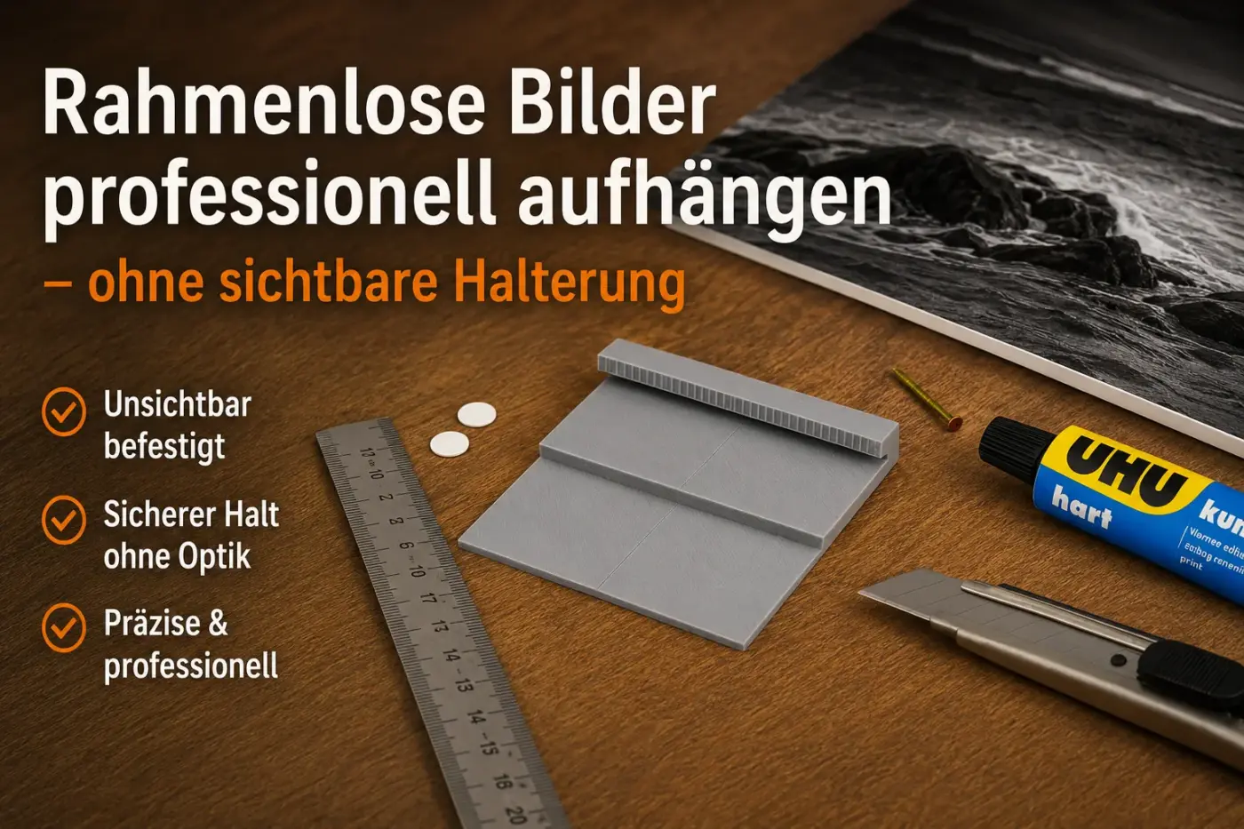 Rahmenlose Bilder professionell aufhängen mit unsichtbarer 3D-Druck-Halterung