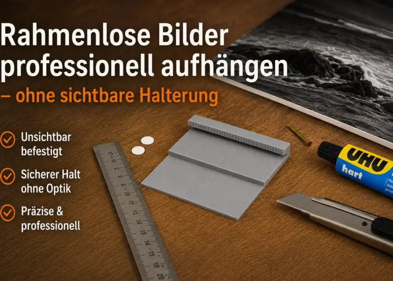 Rahmenlose Bilder professionell aufhängen mit unsichtbarer 3D-Druck-Halterung