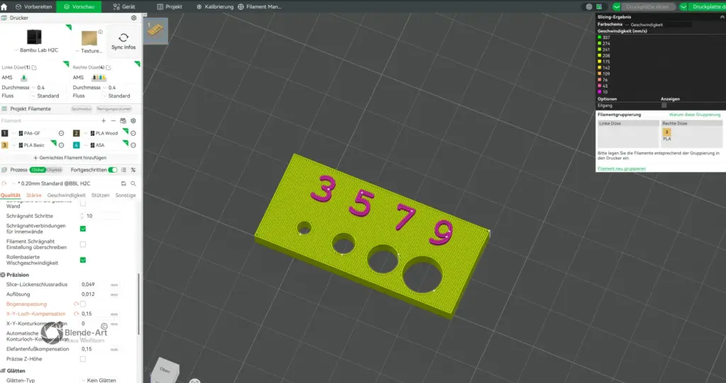 Bambu Studio mit Testplatte für 3, 5, 7 und 9 mm Bohrungen und eingestellter X-Y-Loch-Kompensation von +0,15 mm