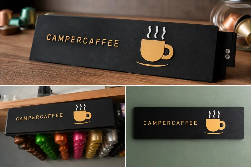 Transportsicherung für Nespresso-Kapselhalter mit CAMPERCAFFEE-Schriftzug und Kaffeemotiv
