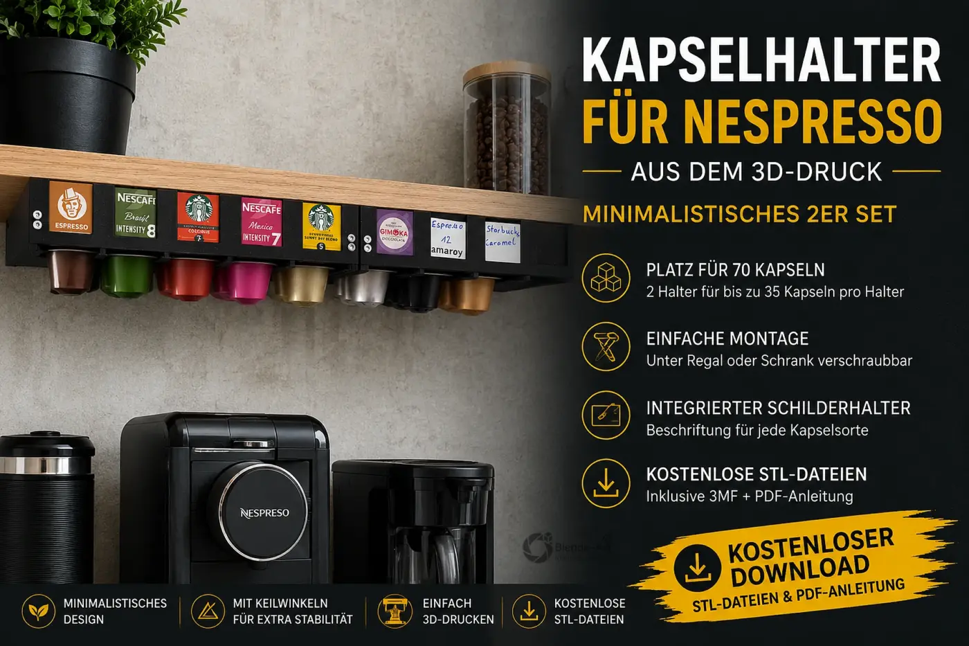 Kapselhalter für Nespresso 3D Druck – zwei Halter für insgesamt 70 Kapseln unter dem Regal