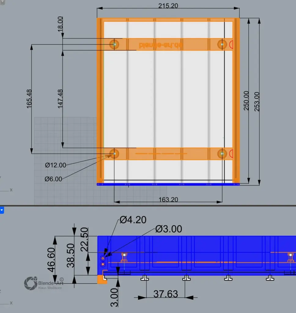 Technische Zeichnung des Nespresso-Kapselhalters mit Abmessungen und Bohrungsmaßen für die Montage