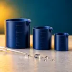 3D-gedruckte Messbecher in drei Größen mit Pipette und Wassertropfen