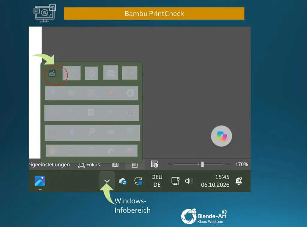 Bambu PrintCheck Symbol im Windows-Infobereich mit markiertem Tray-Icon