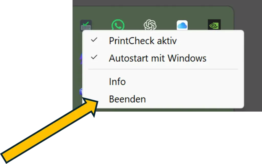 Bambu PrintCheck Tray-Menü mit markierter Option Beenden
